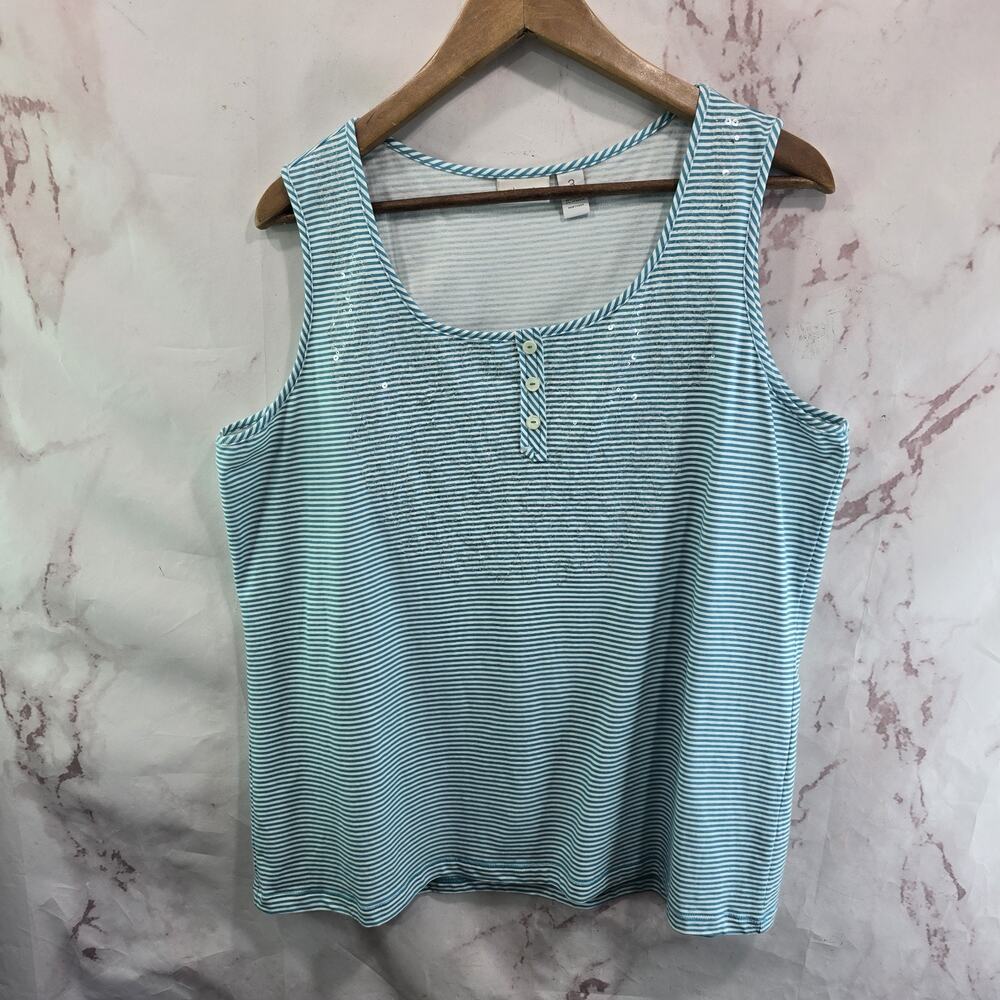Chicos Tank Top Womens 3 XL Blue White Striped Sequin Bling Shirt Henley